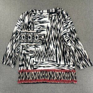 Chico's Tunic Top Ikat Print Black White Red 3/4th Sleeves Size 2‎ (Large) Rayon